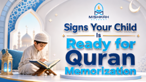 Muslim child reading the Quran at home with parent guidance — signs of readiness for Quran memorization