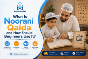 Child learning Arabic letters from the Noorani Qaida book with a teacher